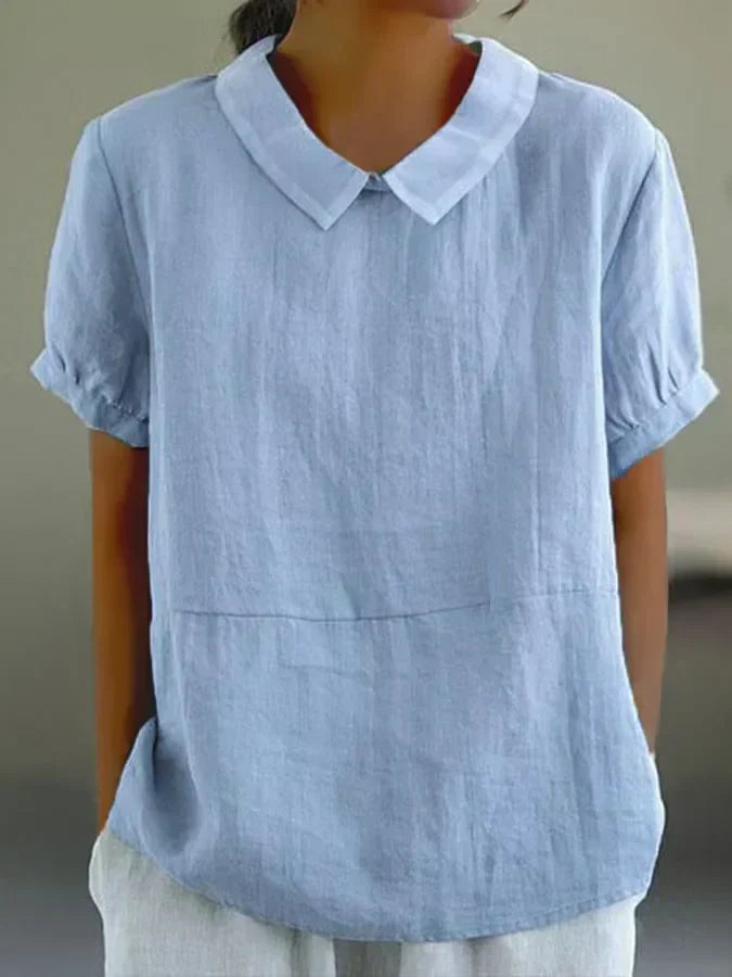 Women's Blouse - Linen Cotton Blend - Loose Fit - Short Sleeve Peter Pan Collar