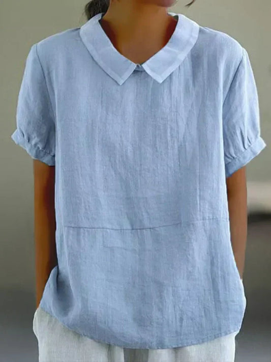 Women's Blouse - Linen Cotton Blend - Loose Fit - Short Sleeve Peter Pan Collar