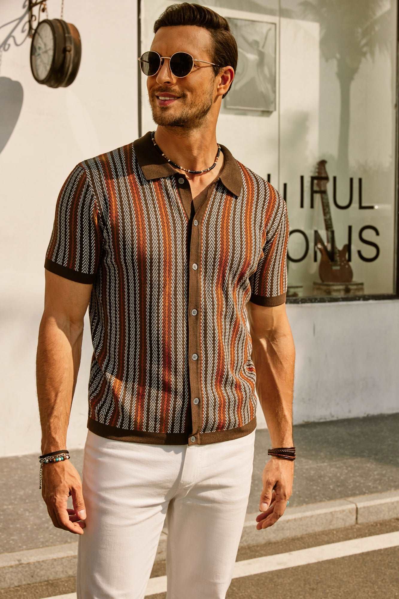 Men’s Polo Shirt – Slim Fit – Soft Knit – Retro Stripe – Short Sleeve – Button Front
