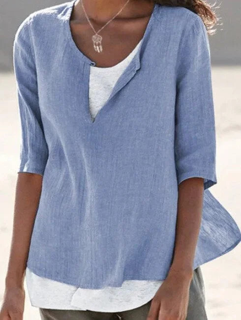 Women’s Blouse – Relaxed Fit – V-Neck – Mid Sleeve – Breathable Blend – Layered Look