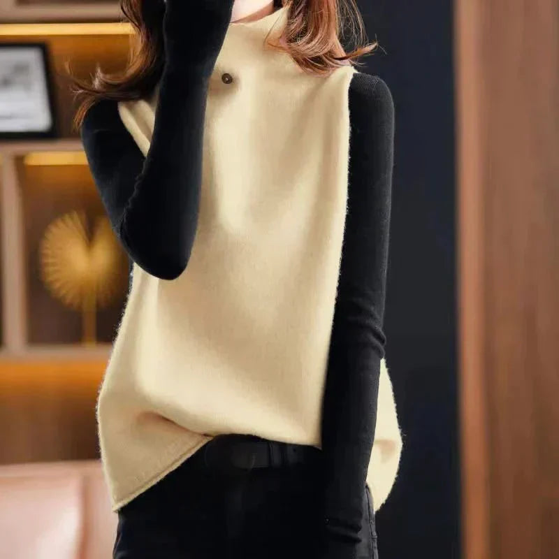 Women’s Sleeveless Sweater – Wool Feel – Turtleneck – Relaxed Fit – Hip Length Layering Piece