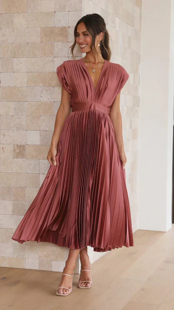 Women's Pleated Midi Dress - Fit-and-Flare - Sleeveless Open Back Elegant Style