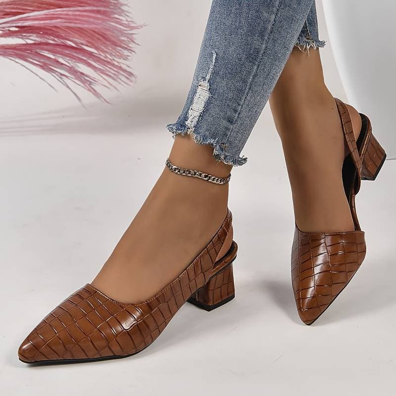 Women’s Slingback Heels – Pointed Toe – Crocodile Embossed – Mid Block Heel – Elegant Fit