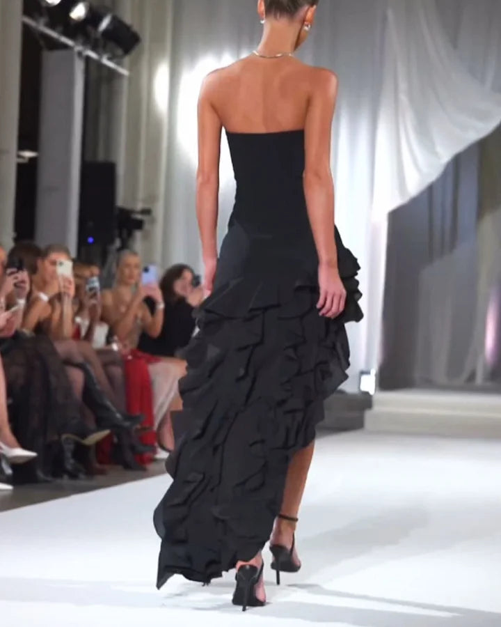 Women's Strapless Evening Dress - High-Low Ruffle Hem - Elegant Formal Wear