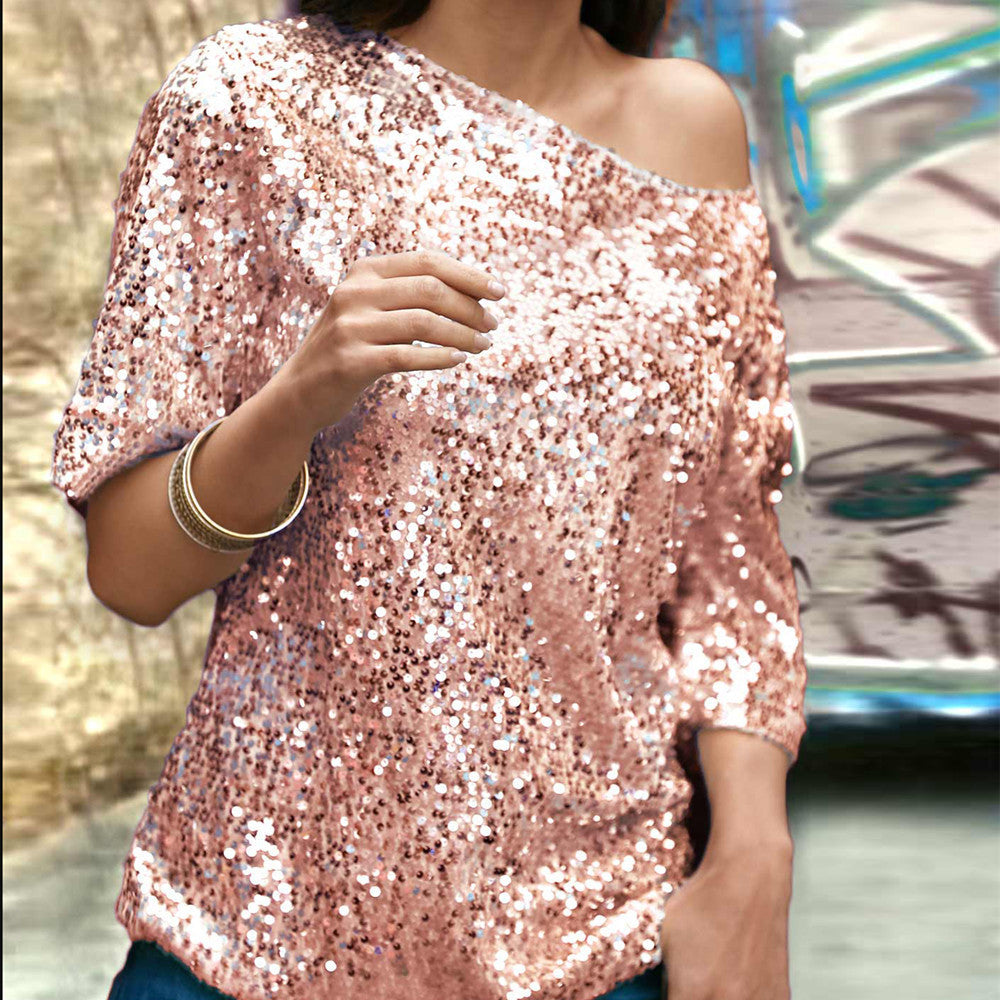 Women’s Sequin Top – Off Shoulder – Mid Sleeve – Relaxed Fit – Party Casual Wear