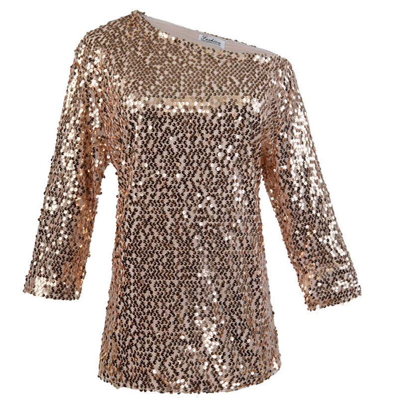 Women’s Sequin Top – Off Shoulder – Mid Sleeve – Relaxed Fit – Party Casual Wear