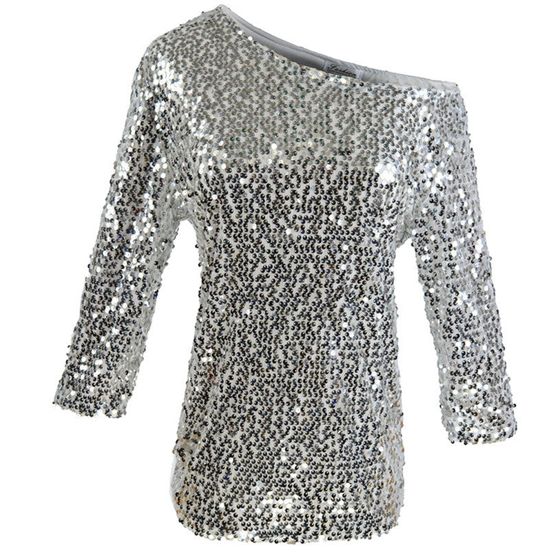 Women’s Sequin Top – Off Shoulder – Mid Sleeve – Relaxed Fit – Party Casual Wear