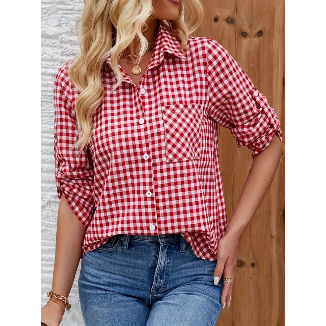 Women’s Casual Shirt – Relaxed Fit – Gingham Check – Cotton – Button Front