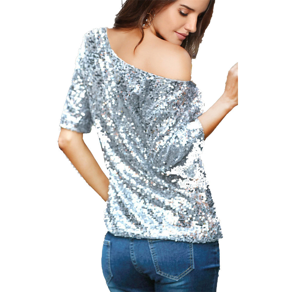 Women’s Sequin Top – Off Shoulder – Mid Sleeve – Relaxed Fit – Party Casual Wear