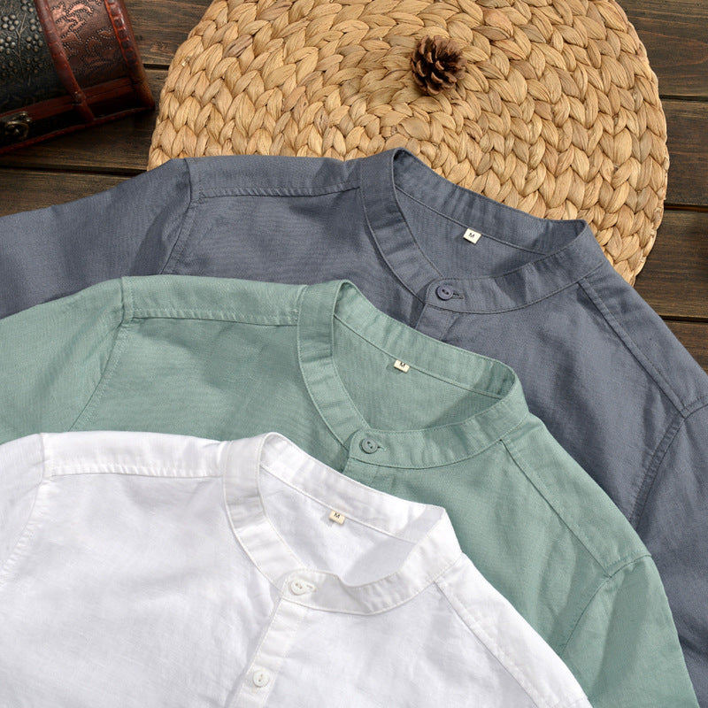 Men’s Shirt – Linen Blend – Relaxed Fit – Mid Sleeve – Mandarin Collar Casual Wear