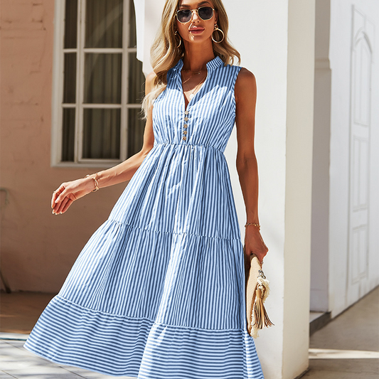 Women's Sleeveless Maxi Dress - Button Down - Collared Neck - Tiered A-Line Fit