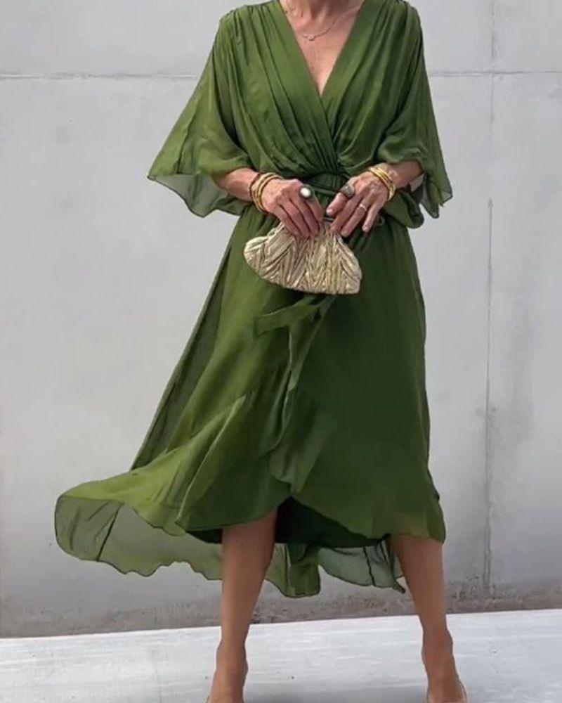 Women's Midi Dress - Wrap V-Neck - Flowy Fit - Half Sleeve - Belted Waist - Asymmetrical Hem