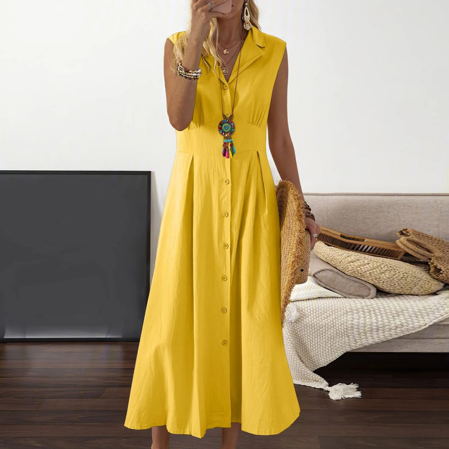 Women’s Button-Down Midi Dress - Sleeveless A-Line - Collared V-Neck Stylish Fit