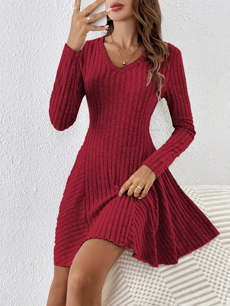Women's Ribbed V-Neck Dress - Long Sleeve - Fitted Bodice - A-Line Knee Length
