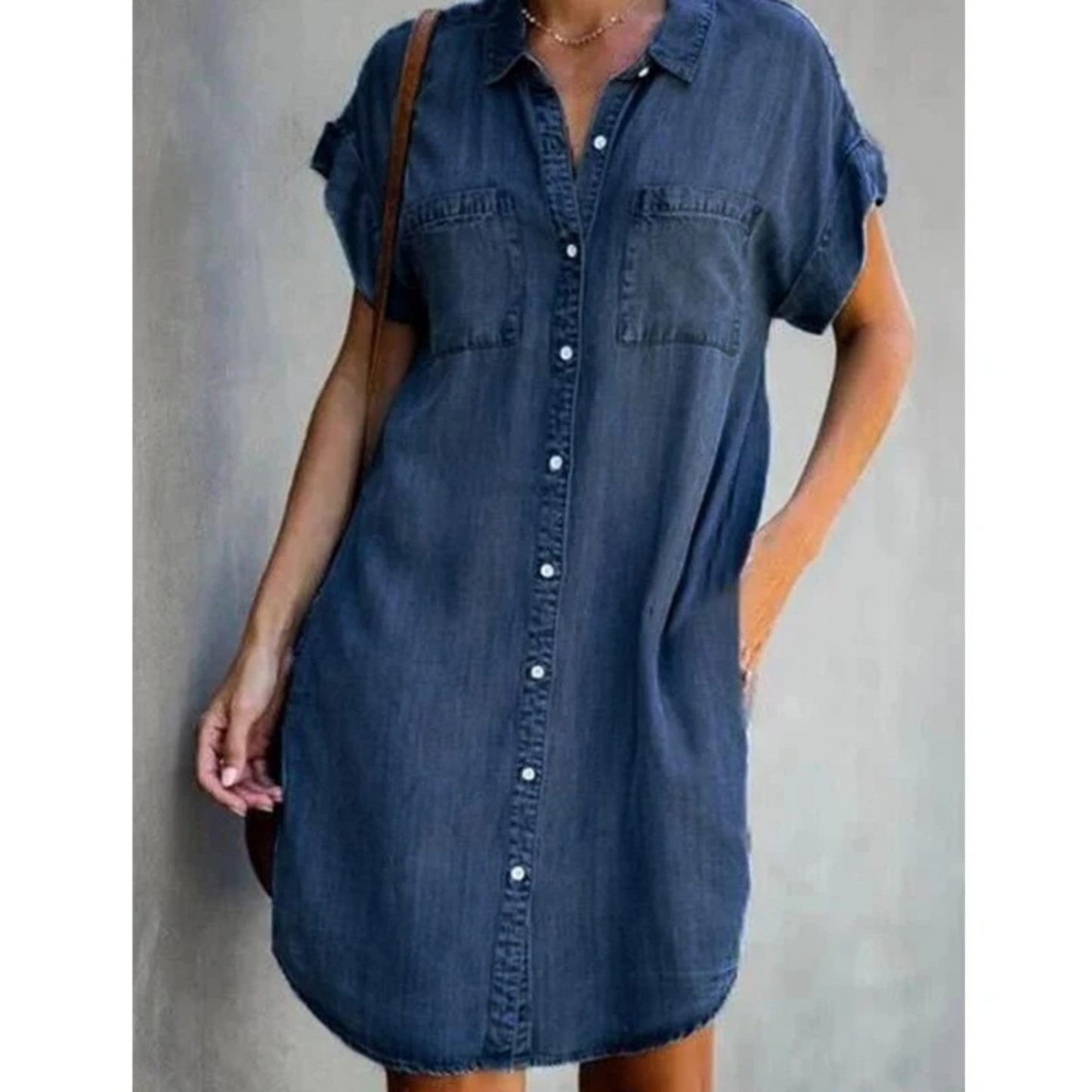 Women's Denim Shirt Dress - Button Down - Short Sleeve - Relaxed Fit - Chest Pockets