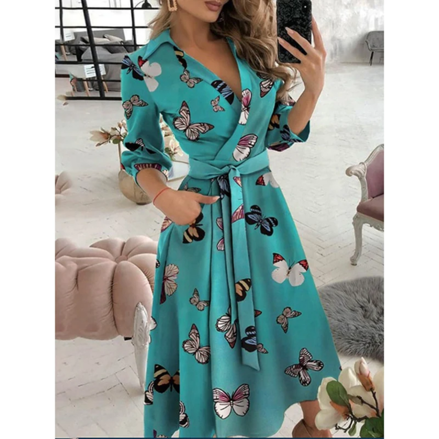 Women's Wrap Dress - Geometric Print - Midi Length - Long Sleeve Adjustable Fit
