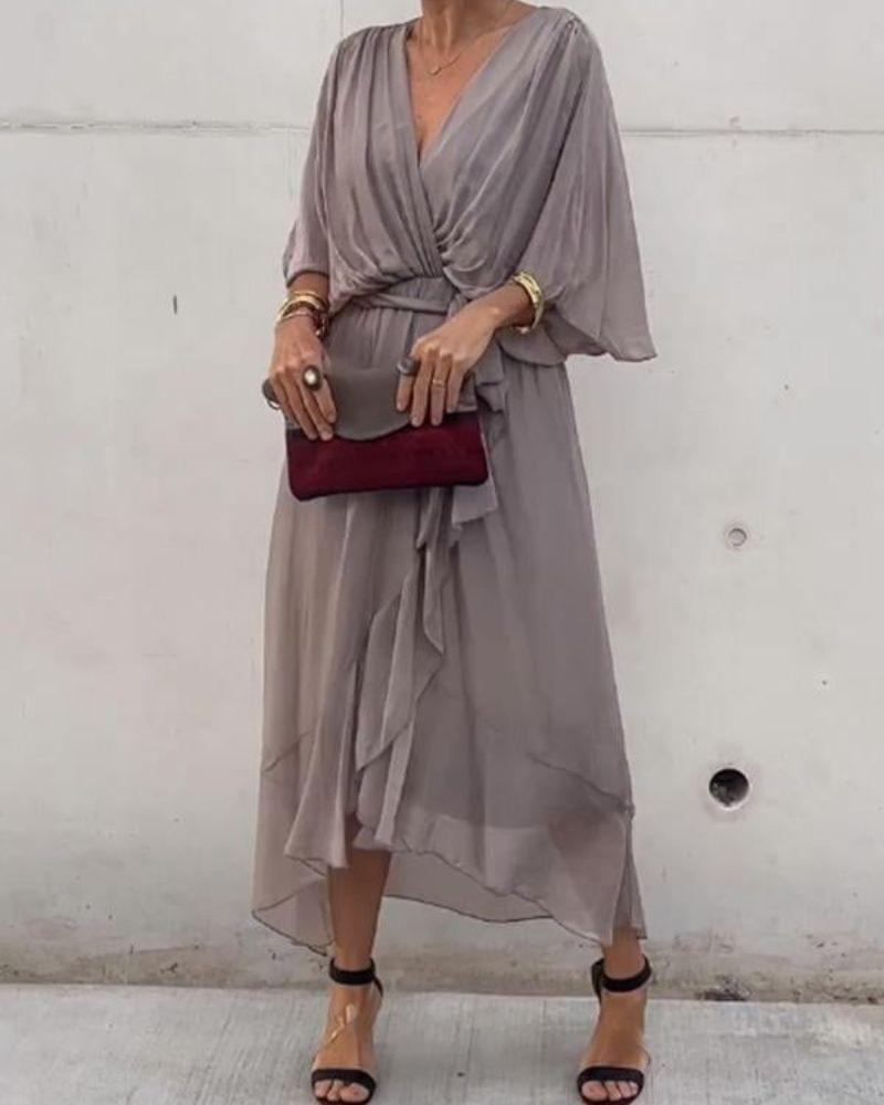 Women's Midi Dress - Wrap V-Neck - Flowy Fit - Half Sleeve - Belted Waist - Asymmetrical Hem
