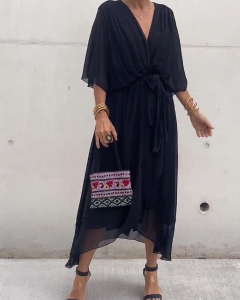 Women's Midi Dress - Wrap V-Neck - Flowy Fit - Half Sleeve - Belted Waist - Asymmetrical Hem