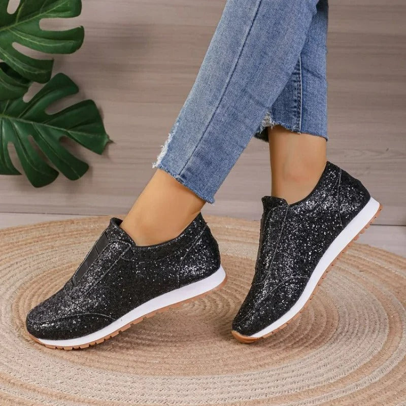 Women’s Slip-On Sneakers – Glitter Upper – Elastic Band – Low Top Casual Style