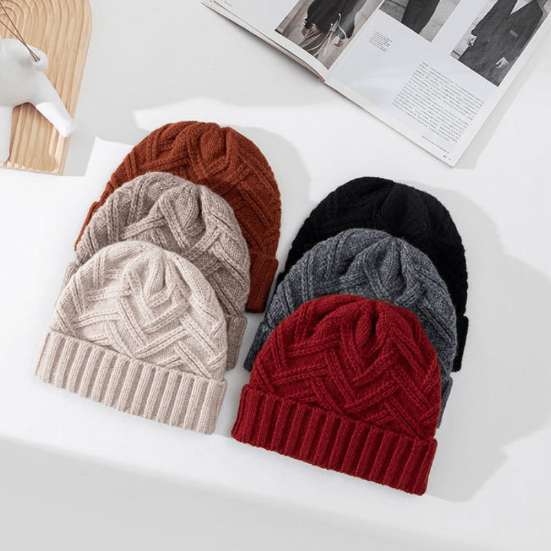 Olivia Close-Fit Beanie | Chevron Pattern Cable Knit Ribbed Trim Beanie