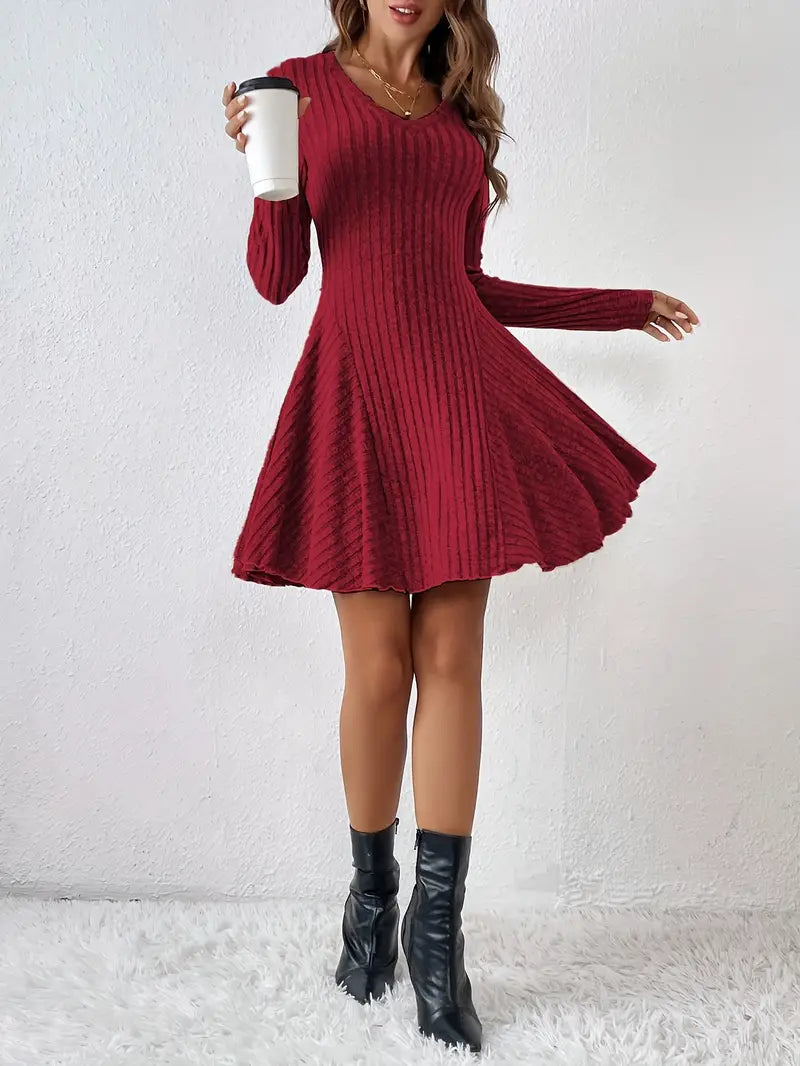 Women's Ribbed V-Neck Dress - Long Sleeve - Fitted Bodice - A-Line Knee Length