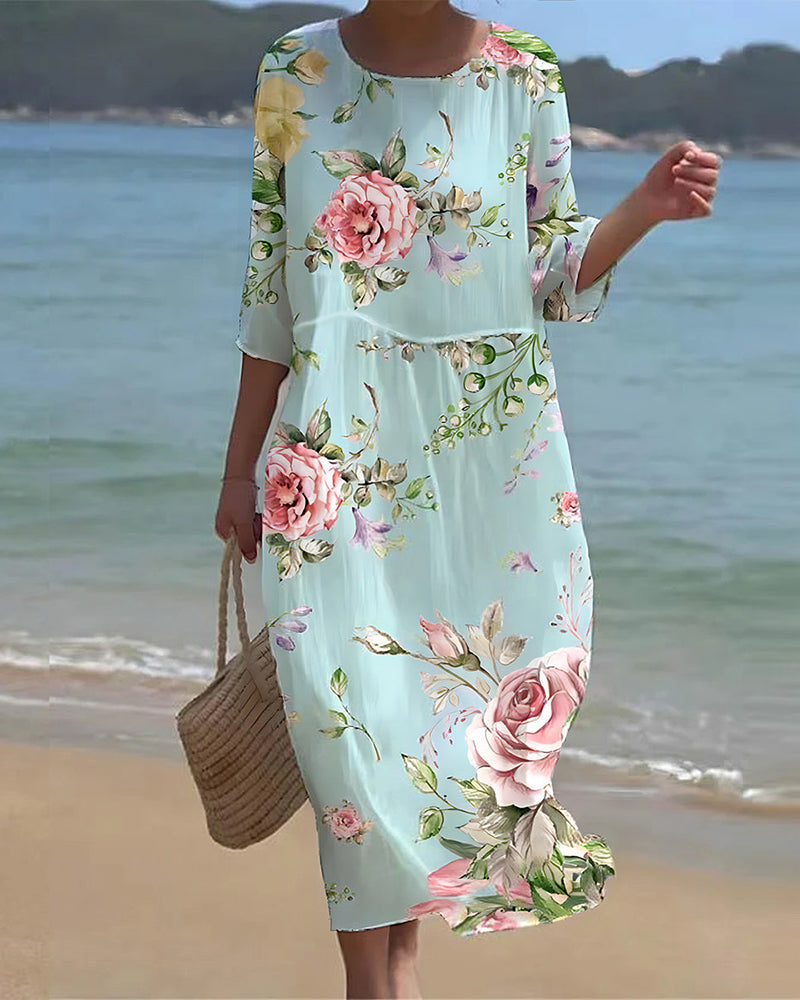 Women’s Maxi Dress – Breathable Blend – Loose Fit – 3/4 Sleeve – Abstract Print