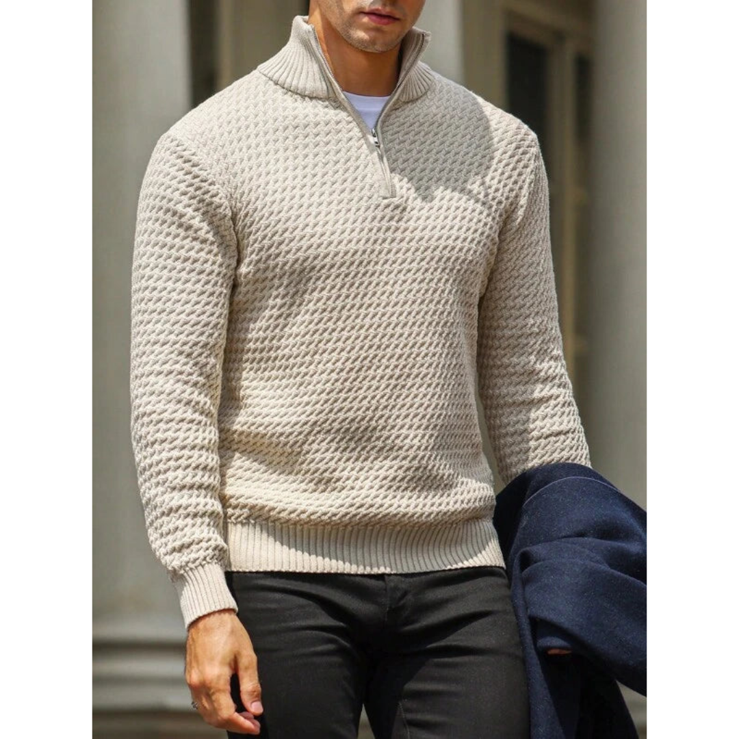 Men’s Half Zip Sweater – Textured Knit – Tailored Fit – Ribbed Collar and Cuffs