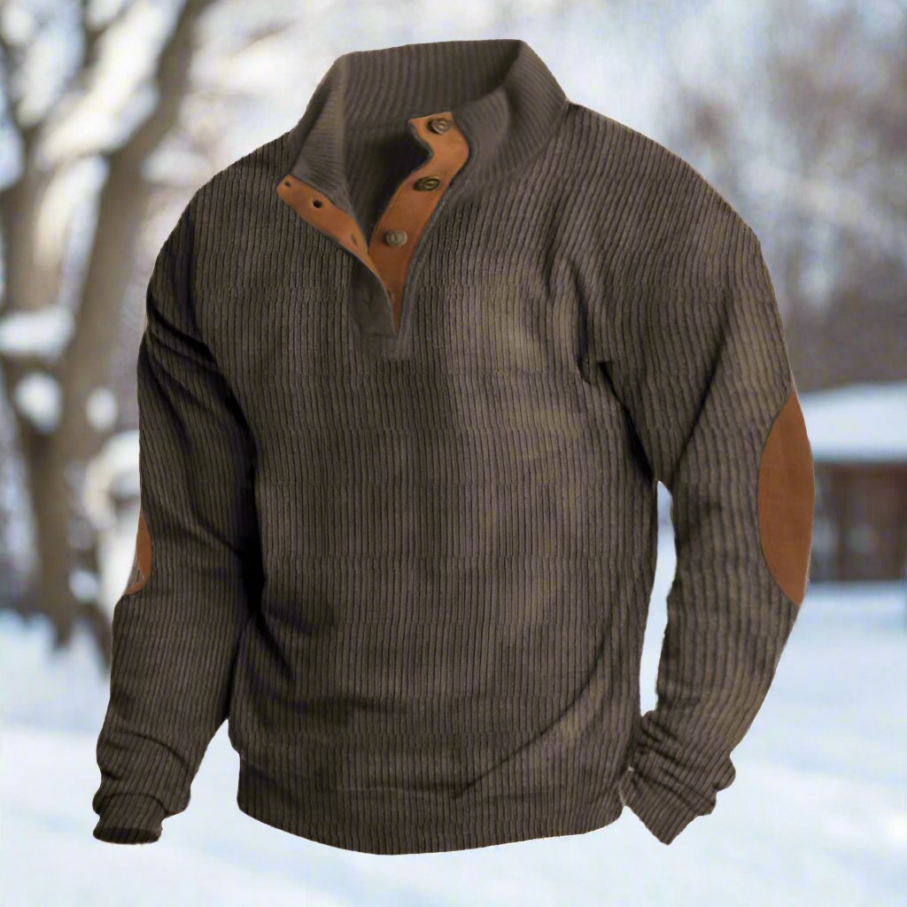 Men’s Knitted Sweater – Wool Blend – Relaxed Fit – High Collar – Ribbed Texture – Elbow Patches