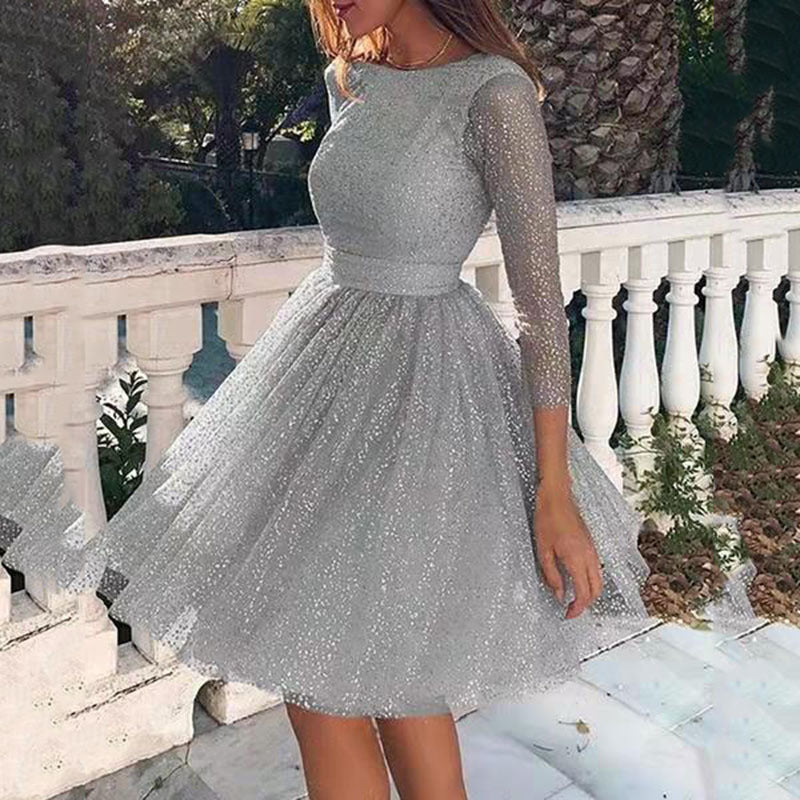 Women's A-Line Dress - Tulle - Fitted Bodice - Boat Neck - Sheer 3/4 Sleeves