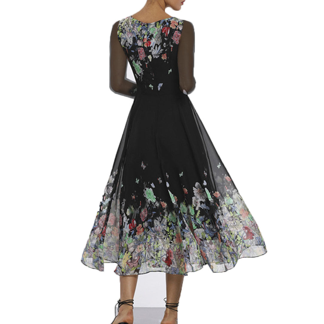 Women’s Maxi Dress – Tulle – Floral Appliqué – Sheer Sleeves – Flared Elegant Fit