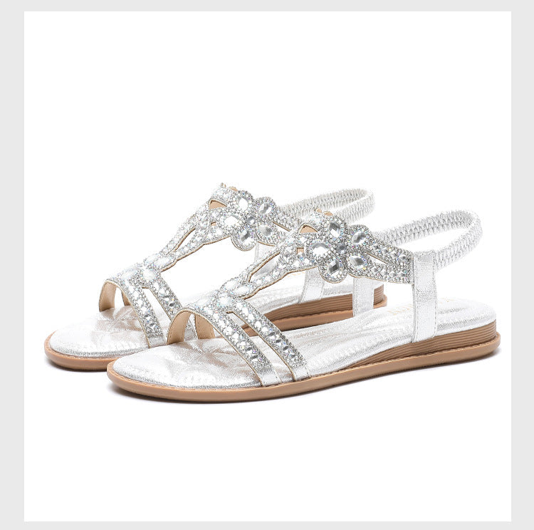 Women’s Flat Sandals – Open Toe – Rhinestone Straps – Cut-Out Slingback Casual Style