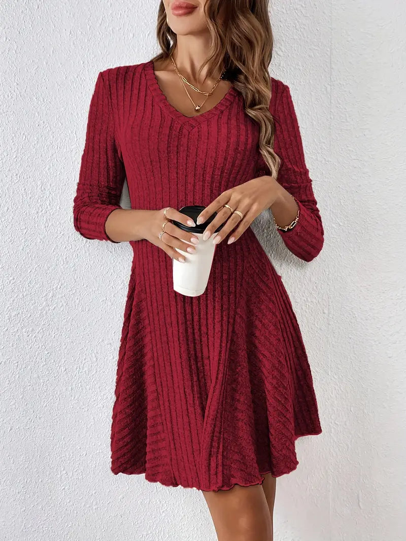 Women's Ribbed V-Neck Dress - Long Sleeve - Fitted Bodice - A-Line Knee Length