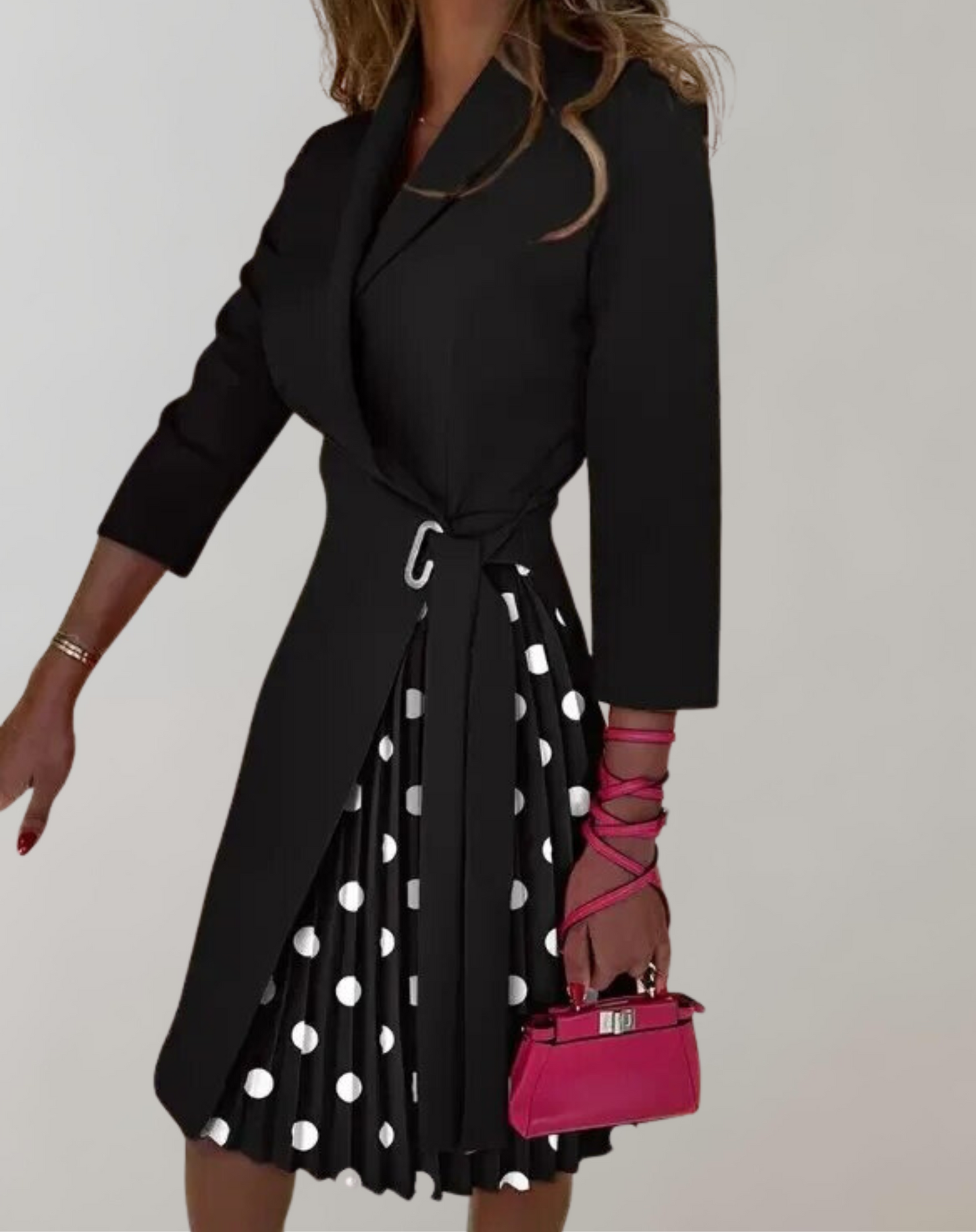Women’s Midi Dress – Tailored Fit – Pleated Skirt – Notched Neck – Belted Waist
