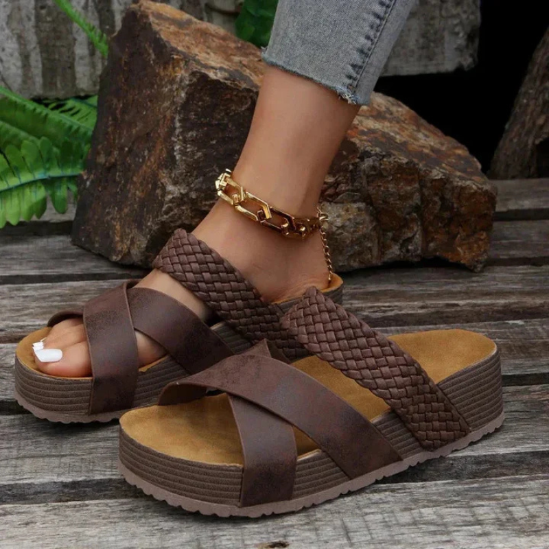Women’s Sandals – Braided Straps – Textured Finish – Cushioned Footbed – Open Toe