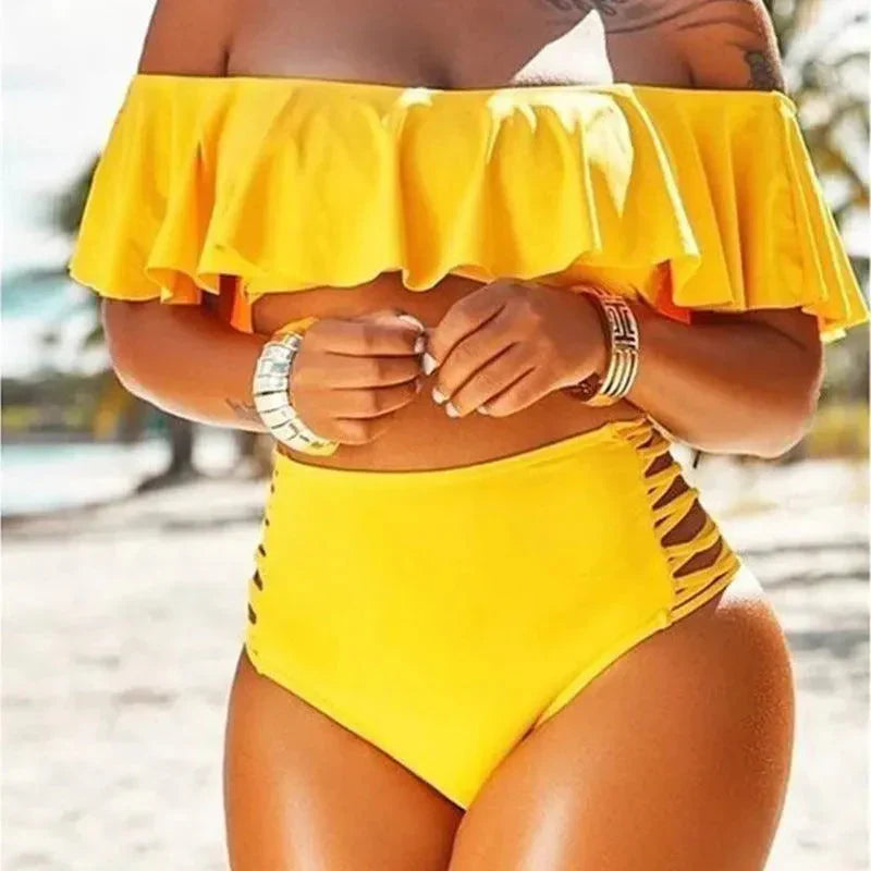 Women’s Bikini Set – High Waist Fit – Off-Shoulder Ruffle Top – Side Cut-Out Bottoms