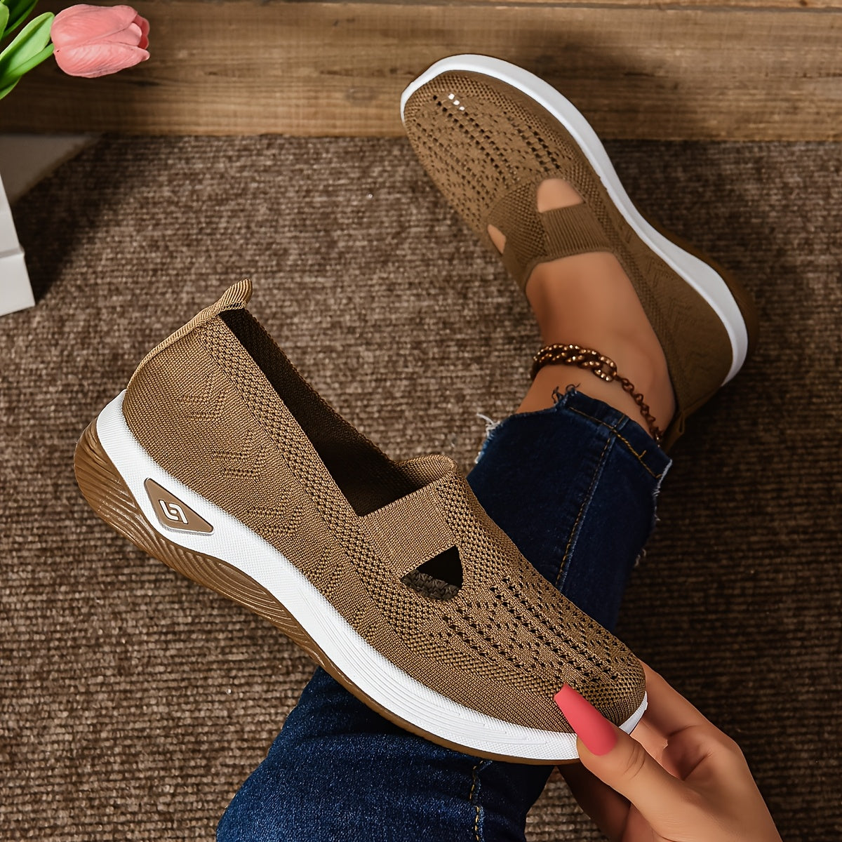 Women’s Slip-On Sneakers – Breathable Knit – Cushioned Sole – Low-Cut Flexible Fit