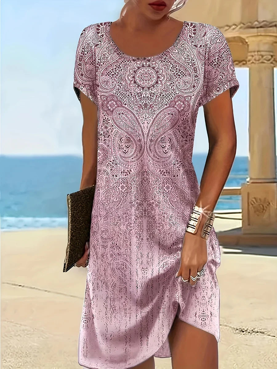 Women’s Midi Dress – Relaxed Fit – Scoop Neck – Short Sleeve – Paisley Pattern – Breathable Blend