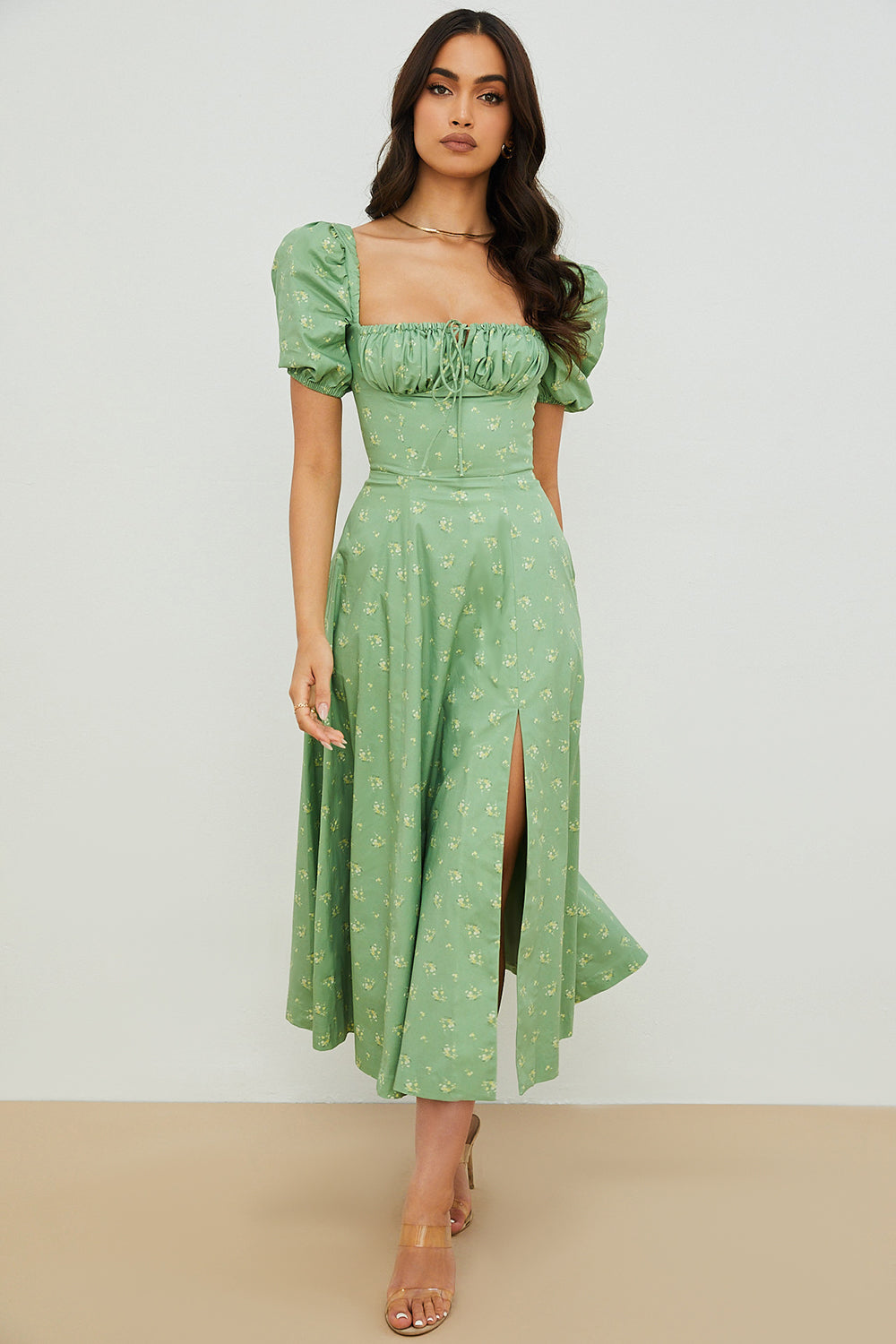 Women’s Midi Sundress – Cotton Blend – Ruched Bodice – Puff Sleeve – Square Neckline
