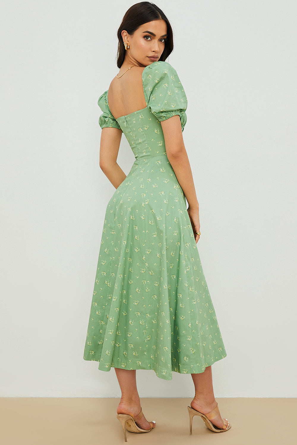 Women’s Midi Sundress – Cotton Blend – Ruched Bodice – Puff Sleeve – Square Neckline