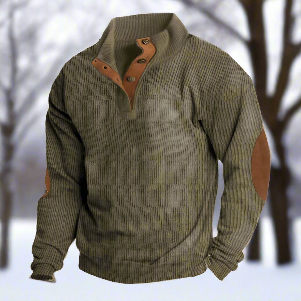 Men’s Knitted Sweater – Wool Blend – Relaxed Fit – High Collar – Ribbed Texture – Elbow Patches