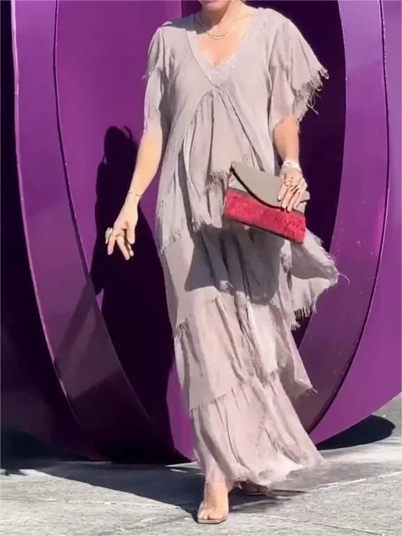 Women's Maxi Dress - Tiered Flowing Design - V-Neck Embellished - Short Flutter Sleeves