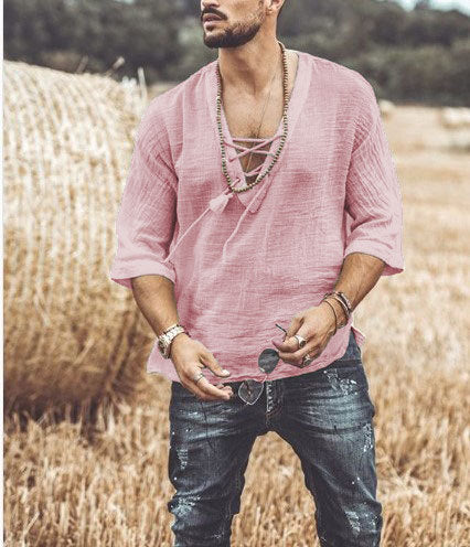 Men’s Casual Shirt – Lace-Up V-Neck – 3/4 Sleeve – Relaxed Fit – Lightweight Breathable