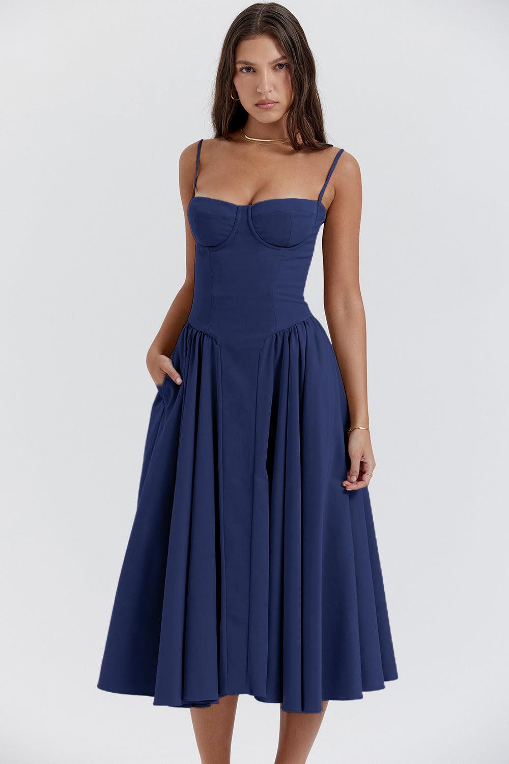 Women's Midi Dress - Sweetheart Neckline - Bustier Bodice - A-Line Flared Skirt