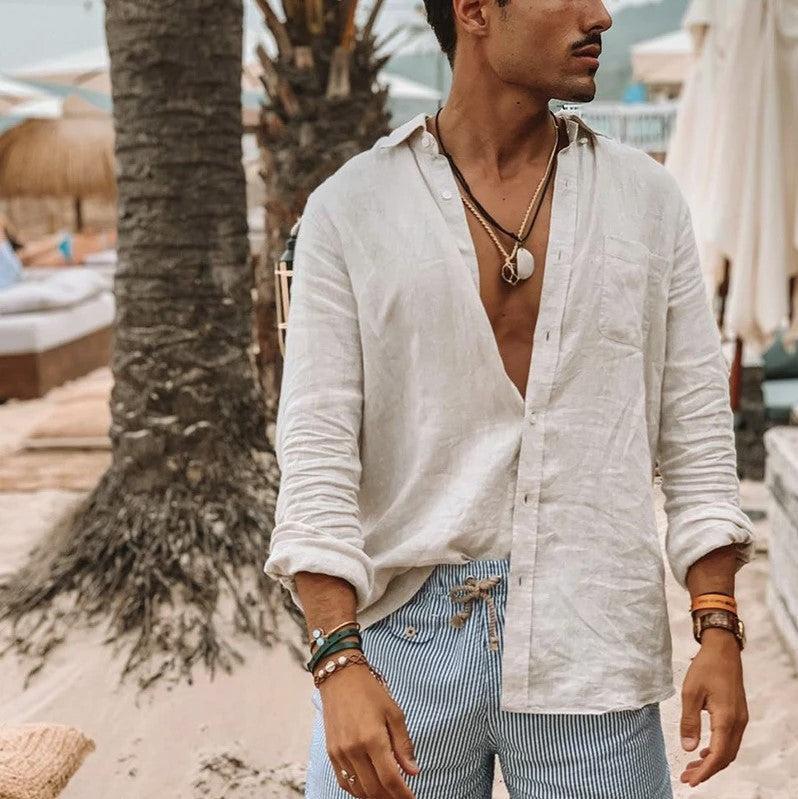 Men’s Button-Up Shirt – Cotton Linen Blend – Relaxed Fit – Long Sleeve Casual Wear