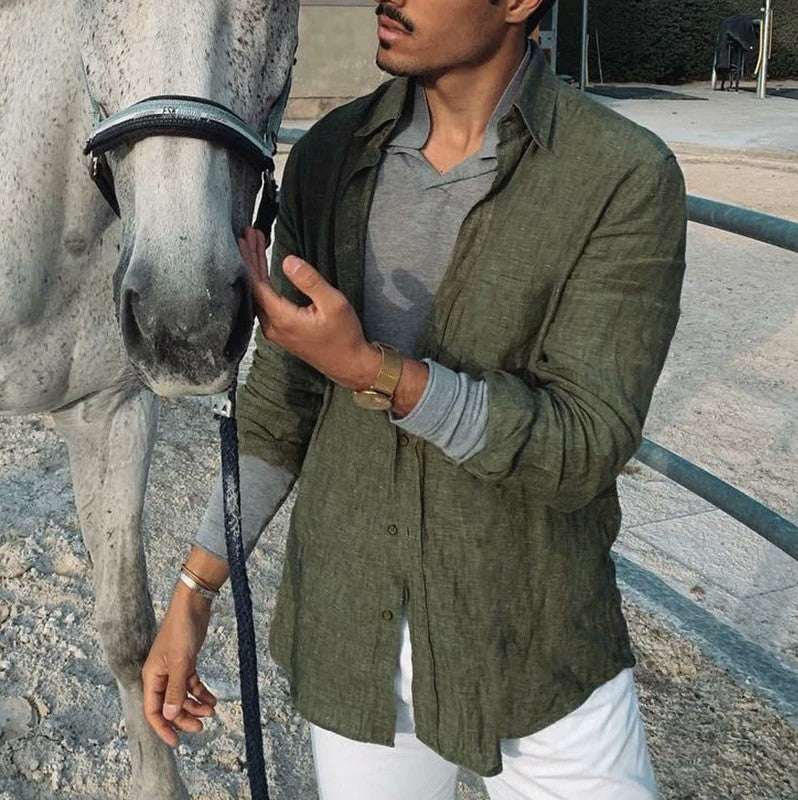 Men’s Button-Up Shirt – Cotton Linen Blend – Relaxed Fit – Long Sleeve Casual Wear