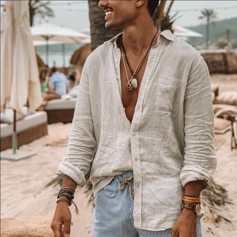 Men’s Button-Up Shirt – Cotton Linen Blend – Relaxed Fit – Long Sleeve Casual Wear