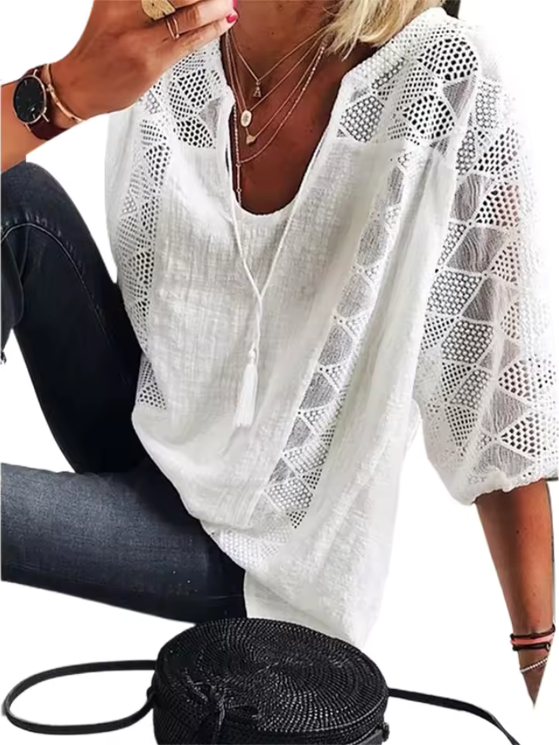 Women’s Blouse – Loose Fit – V-Neck – 3/4 Sleeve – Lace Trim – Breathable Fabric