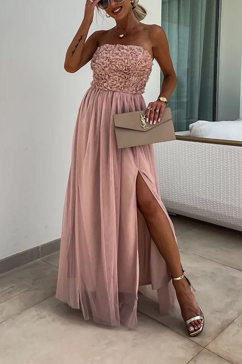 Women’s Maxi Dress – Strapless Textured Bodice – High Slit – Flowy Luxury Fabric