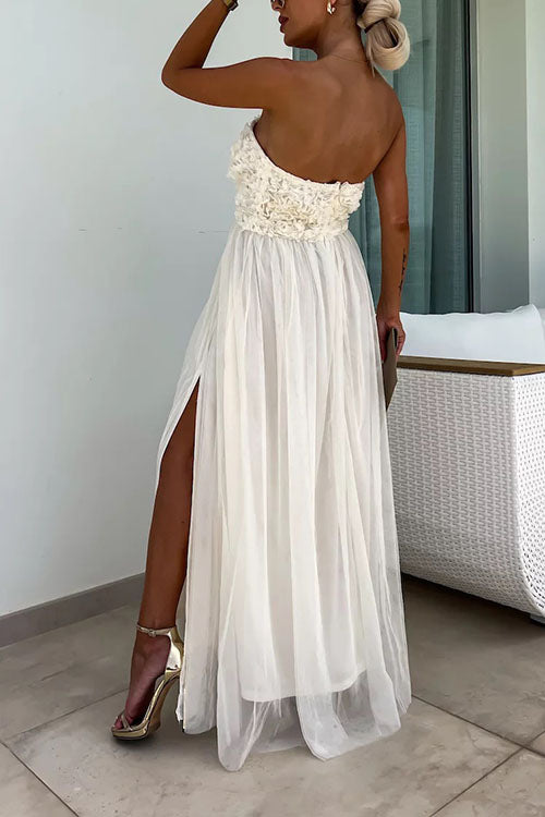 Women’s Maxi Dress – Strapless Textured Bodice – High Slit – Flowy Luxury Fabric