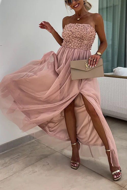 Women’s Maxi Dress – Strapless Textured Bodice – High Slit – Flowy Luxury Fabric